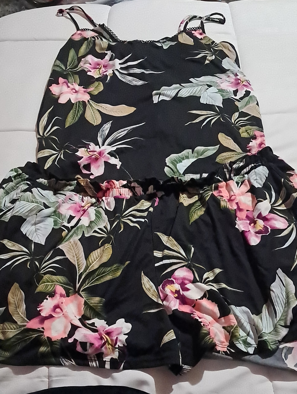 Black Floral 2 Piece Pajama Set with Pink Bloom Print